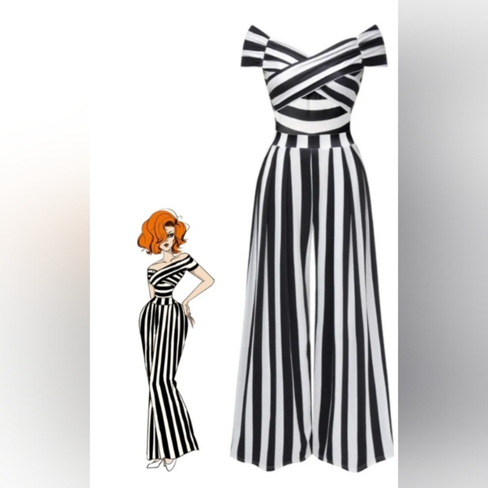 Elegant Black and White Striped Jumpsuit